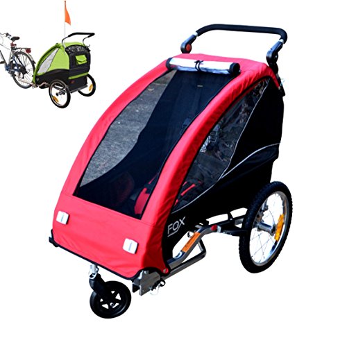 Papilioshop Fox - Remolque con carrito de bicicleta para el transporte de 1 niño (incluye rueda delantera giratoria, plegable), rojo