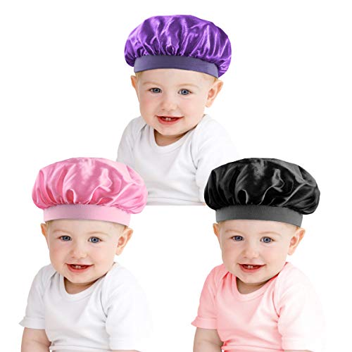 Petyoung Paquete de 3 Gorro de Satén para Niños Gorro de Dormir Nocturno Banda Ancha Elástica Gorro de Dormir para Niños Niños Pequeños Bebé Cabello Natural Rizado