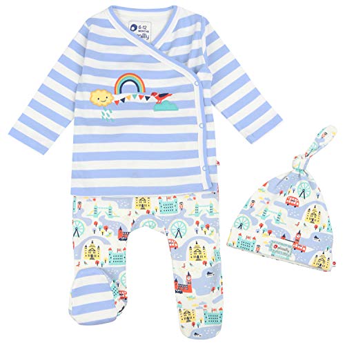 Piccalilly - Juego de 3 piezas para ropa de bebé, pantalones con pie + parte superior + sombrero de nudo, algodón orgánico suave, tema de Londres Azul azul 3-6 Meses