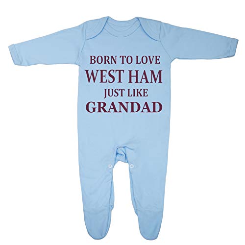 Pijama de bebé «Born To Love West Ham Just Like Grandad», diseñado e impreso en el Reino Unido utilizando 100% algodón peinado fino