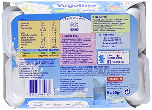 Postre lácteo - NESTLÉ YOGOLINO Mini con Pera Para bebés a partir de 6 meses - Paquete de 6 tarrinas de postre lácteo de 60g