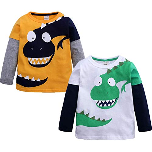 Primavera Otoño Ropa de Bebé Niñas Niños Camisetas de Manga Larga Cosiendo Sudaderas Dinosaurio Dibujos Animados Estampado Blusas AlgodónTops Unisex Niño 1-6 Años (Amarillo, 110)