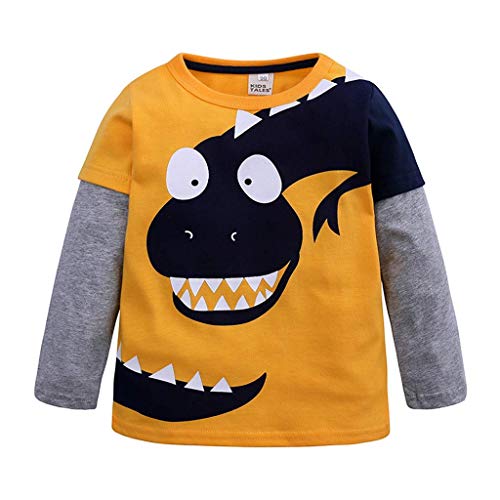 Primavera Otoño Ropa de Bebé Niñas Niños Camisetas de Manga Larga Cosiendo Sudaderas Dinosaurio Dibujos Animados Estampado Blusas AlgodónTops Unisex Niño 1-6 Años (Amarillo, 110)