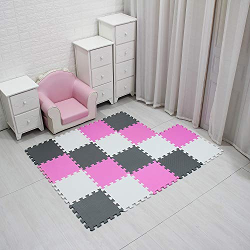 qqpp Alfombra Puzzle para Niños Bebe Infantil - Suelo de Goma EVA Suave. 18 Piezas (30*30*1cm), Blanco, Rosa, Gris.QQC-ACLb18N