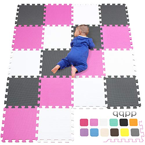 qqpp Alfombra Puzzle para Niños Bebe Infantil - Suelo de Goma EVA Suave. 18 Piezas (30*30*1cm), Blanco, Rosa, Gris.QQC-ACLb18N