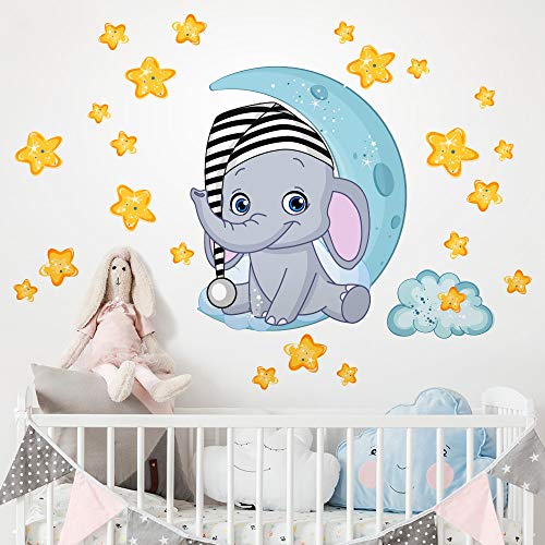 R00322 Adhesivos Pared Elefante Estrellas Luna Nube Decoración Pegatina Dormitorio infantil Niño