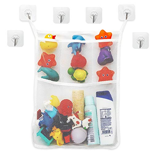 Red de Almacenamiento para la Bañera, Organizador de juguetes de los niños, Bolsa organizadora de baño, Red para colgar accesorios de ducha, Juego de 6 ganchos adhesivos, antimoho, blanco