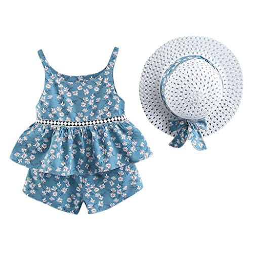 Ropa Bebe Niña Verano Fossen Recién Nacido 1 a 4 Años Fruta y Flor Tops sin Mangas con Volantes + Pantalones Cortos + Sombrero de Paja