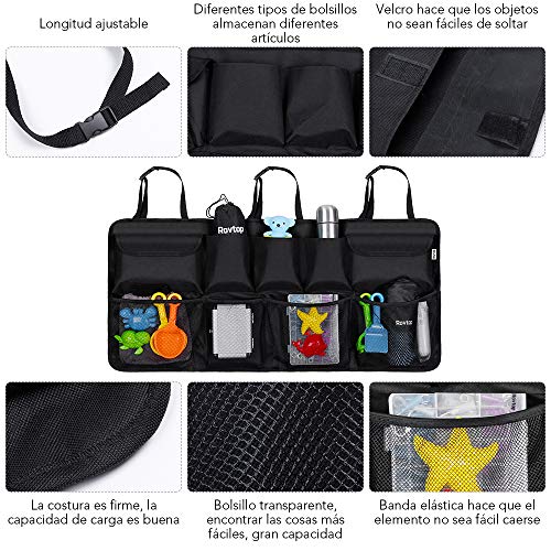 Rovtop Organizador Maletero Coche, Trasero Almacenamiento Bolsa de Malla para Coche con 9 Bolsillos, Correa Ajustable y 3 Cinta de Fijación, Adecuado para SUV, MVP (Negro)