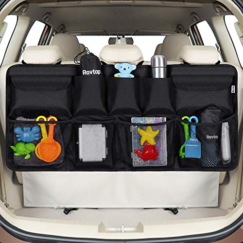 Rovtop Organizador Maletero Coche, Trasero Almacenamiento Bolsa de Malla para Coche con 9 Bolsillos, Correa Ajustable y 3 Cinta de Fijación, Adecuado para SUV, MVP (Negro)