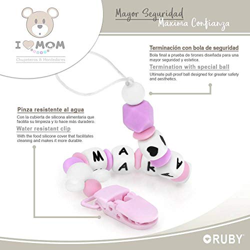 RUBY - Chupetero personalizado con nombre, pinza de plástico con cordón, silicona antibacteriana (Rosa)