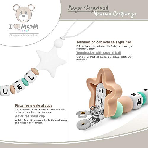 RUBY - Chupetero personalizado para bebe con nombre bola silicona antibacteria con pinza de acero inoxidable. Chuptero Estrella (Blanca)