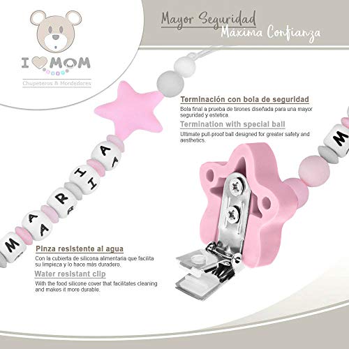 RUBY - Chupetero personalizado para bebe con nombre bola silicona antibacteria con pinza de acero inoxidable. Chuptero Estrella (Rosa)