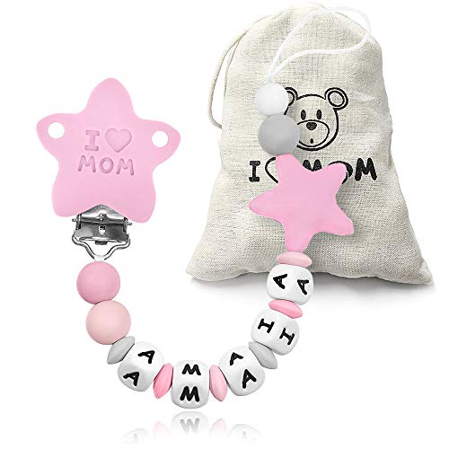 RUBY - Chupetero personalizado para bebe con nombre bola silicona antibacteria con pinza de acero inoxidable. Chuptero Estrella (Rosa)