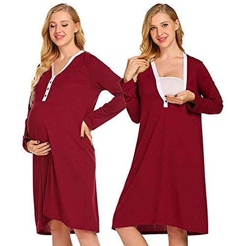 Sección de Pijamas de Maternidad Ropa posparto para el hogar con Cuello en V Vestido de Lactancia Multicolor Red L