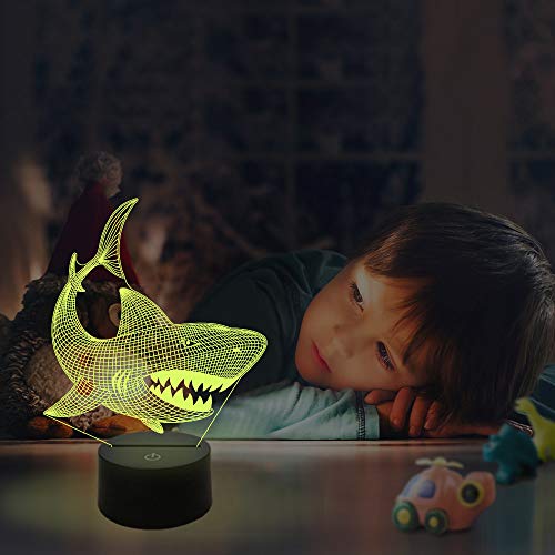 Shark Regalos, luz nocturna 3D de tiburón para niños (4 patrones) con mando a distancia 16 colores que cambian de función regulable, regalos de cumpleaños para niños