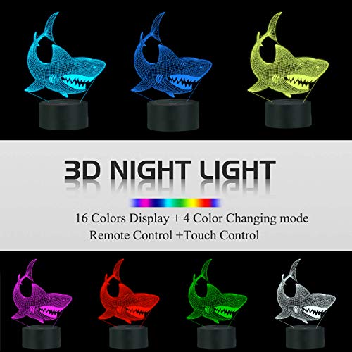 Shark Regalos, luz nocturna 3D de tiburón para niños (4 patrones) con mando a distancia 16 colores que cambian de función regulable, regalos de cumpleaños para niños