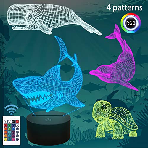 Shark Regalos, luz nocturna 3D de tiburón para niños (4 patrones) con mando a distancia 16 colores que cambian de función regulable, regalos de cumpleaños para niños