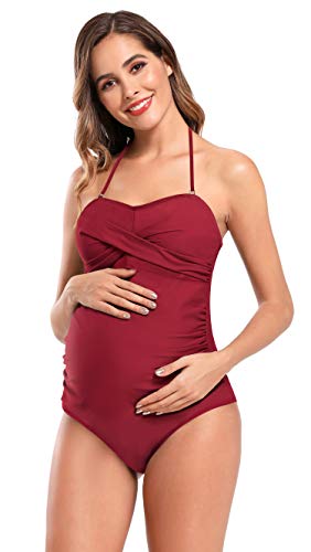 SHEKINI Mujer Traje de Baño de Mujer Embarazada Bañadores Traje de Baño Cross-Fold Swimsuit Traje de Baño de Talla Grande para Mujer (L, Vino Tinto)