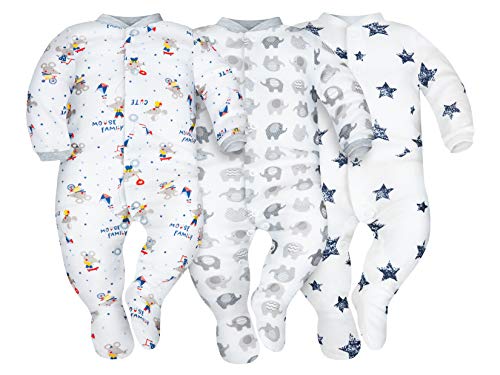 Sibinulo Niño Niña Pijama Bebé Pelele de Algodón Pack de 3 Estrellas, Elefantes Grises y Ratones 68(3-6 Meses)