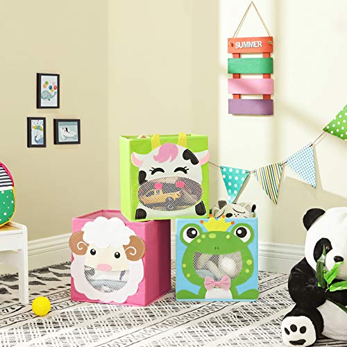 SONGMICS Cajas de Almacenamiento, Juego de 3, Organizadores de Juguetes, Cesta, Plegable, para Habitación Infantil, Sala de Juegos, 27 x 27 x 27 cm, Tema de Animal, Azul, Verde y Rosa RFB01PG