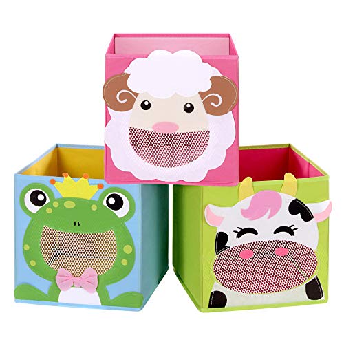 SONGMICS Cajas de Almacenamiento, Juego de 3, Organizadores de Juguetes, Cesta, Plegable, para Habitación Infantil, Sala de Juegos, 27 x 27 x 27 cm, Tema de Animal, Azul, Verde y Rosa RFB01PG