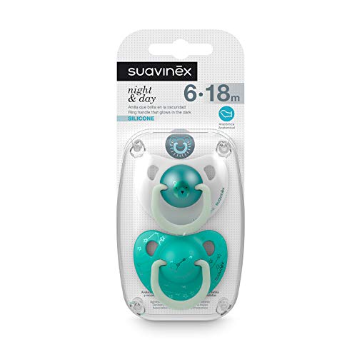 SUAVINEX 306811 - Pack 2 Chupetes Nocturnos para bebés 6-18 meses Con Anilla Luminiscente Tetina Anatómica de Silicona Brilla en la Oscuridad, Verde