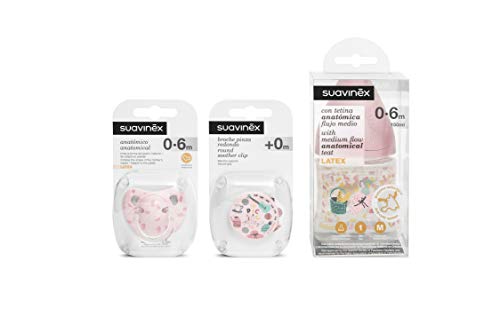 Suavinex, Biberón 150ml + Chupete con tetina anatómica de Látex + Broche Redondo, Rosa Picnic, 0-6 Meses