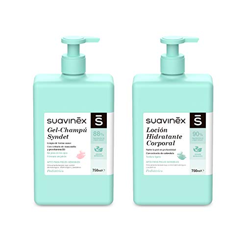 Suavinex, Pack Aseo Bebé Gel-Champú Syndet 750ml + Loción Hidratante 750ml. Con 88-90% de Ingredientes de Origen Natural. Apto para pieles sensibles. 2 productos