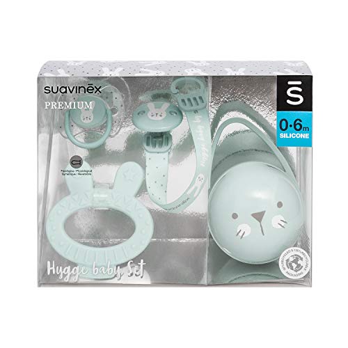 Suavinex Set Premium Recién Nacido con Chupete fisiológico silicona 0-6 meses, Broche, Portachupetes y Mordedor, verde