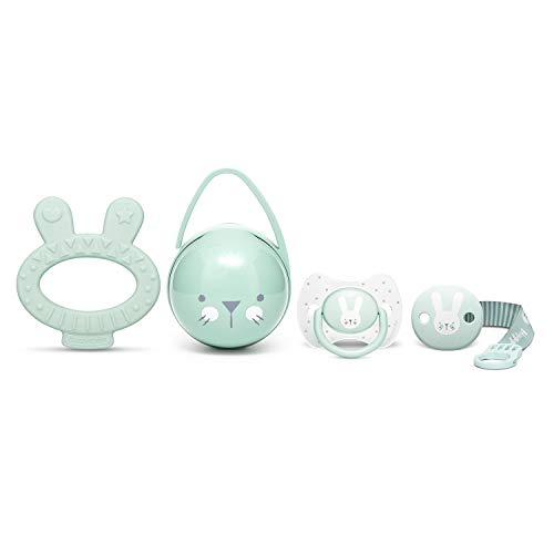 Suavinex Set Premium Recién Nacido con Chupete fisiológico silicona 0-6 meses, Broche, Portachupetes y Mordedor, verde