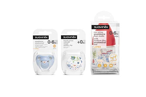 Suavinex, Set Recién Nacido con Biberón 150ml, Chupete con Tetina Anatómica y Broche Redondo, 0% BPA, Azul Botanical, Látex, 0-6 Meses