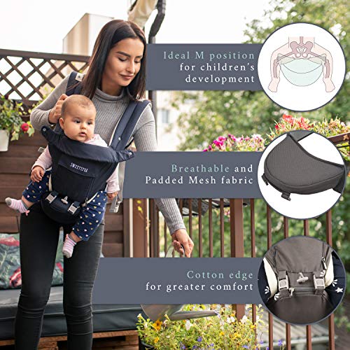 Sweety Fox - Portabebes Ergonómico y Asiento de Cadera - Para Bebes y Niños de 3 a 36 meses - Algodón y tejido de punto Transpirable con Relleno - Confort y Seguridad con Cinturones