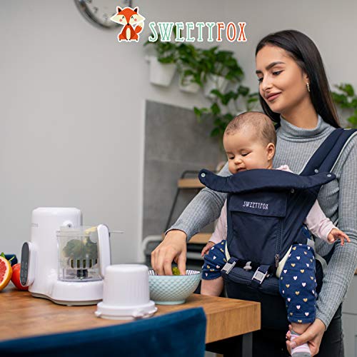 Sweety Fox - Portabebes Ergonómico y Asiento de Cadera - Para Bebes y Niños de 3 a 36 meses - Algodón y tejido de punto Transpirable con Relleno - Confort y Seguridad con Cinturones