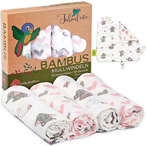 Tabalino - Pañales de gasa de bambú paños de escupir maravillosamente suaves - 80x80cm - Pack de 4 - un paño mimoso gratis - doble tejido - niño y niña - paños de muselina para bebés, pañales de tela