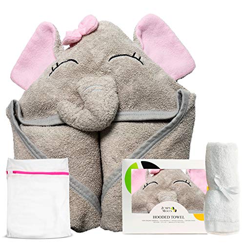 Toalla de bebé con capucha orgánica, 100% bambú, muy absorbente, protección UV natural, paño de bambú de 500 g/m², Toalla con capucha de elefante rosa, Elefante rosado