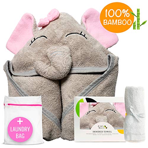 Toalla de bebé con capucha orgánica, 100% bambú, muy absorbente, protección UV natural, paño de bambú de 500 g/m², Toalla con capucha de elefante rosa, Elefante rosado