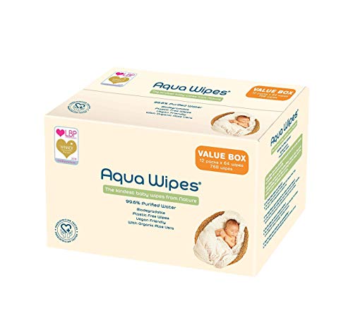 Toallitas higiénicas Aqua Wipes, (Caja de 12 paquetes (Toallitas 768 en total)), 100% biodegradable, vegana, plástica y sin parabenos, 99.6% de agua purificada