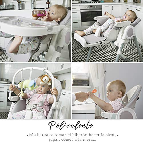 Trona para Bebe Evolutiva, Ajustable y Plegable - 7 Alturas Diferentes, Respaldo para Niño Reclinable 5 Posiciones, Bandeja Extraíble mediante Clip (Limpieza Sencilla), Cojín Bebé Confort