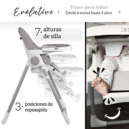 Trona para Bebe Evolutiva, Ajustable y Plegable - 7 Alturas Diferentes, Respaldo para Niño Reclinable 5 Posiciones, Bandeja Extraíble mediante Clip (Limpieza Sencilla), Cojín Bebé Confort