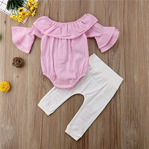 VECDY Ropa Bebe Niña Camiseta de Manga Larga Conjunto con Volantes Niño Bebé Niña Rayas Tops Mameluco Pantalones Rasgados Trajes Conjunto De Ropa Suave Ropa (Rosa,6-12 Meses)