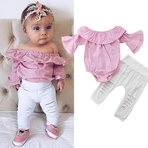 VECDY Ropa Bebe Niña Camiseta de Manga Larga Conjunto con Volantes Niño Bebé Niña Rayas Tops Mameluco Pantalones Rasgados Trajes Conjunto De Ropa Suave Ropa (Rosa,6-12 Meses)