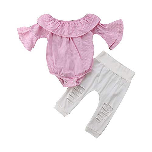 VECDY Ropa Bebe Niña Camiseta de Manga Larga Conjunto con Volantes Niño Bebé Niña Rayas Tops Mameluco Pantalones Rasgados Trajes Conjunto De Ropa Suave Ropa (Rosa,6-12 Meses)