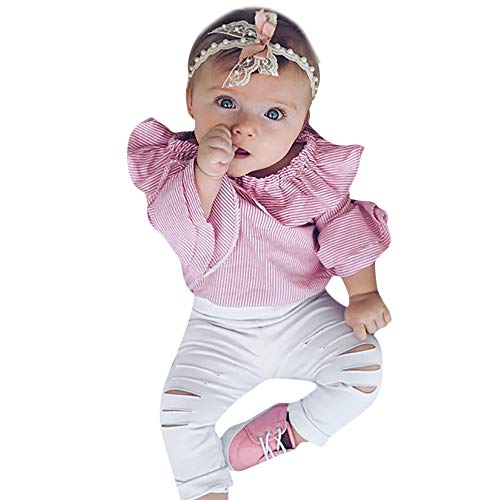 VECDY Ropa Bebe Niña Camiseta de Manga Larga Conjunto con Volantes Niño Bebé Niña Rayas Tops Mameluco Pantalones Rasgados Trajes Conjunto De Ropa Suave Ropa (Rosa,6-12 Meses)