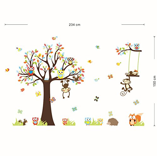 Wallpark XLarge Vistoso Grande Árbol Jugando Animales Desmontable Pegatinas de Pared Etiqueta de la Pared, Aves Mariposas con Lindo Ardillas Búhos Travieso Monos, Infantiles DIY Decorativas Murales