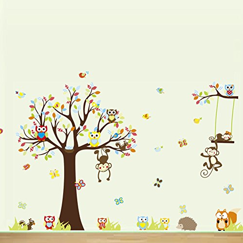 Wallpark XLarge Vistoso Grande Árbol Jugando Animales Desmontable Pegatinas de Pared Etiqueta de la Pared, Aves Mariposas con Lindo Ardillas Búhos Travieso Monos, Infantiles DIY Decorativas Murales