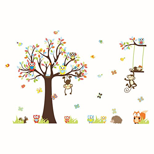 Wallpark XLarge Vistoso Grande Árbol Jugando Animales Desmontable Pegatinas de Pared Etiqueta de la Pared, Aves Mariposas con Lindo Ardillas Búhos Travieso Monos, Infantiles DIY Decorativas Murales