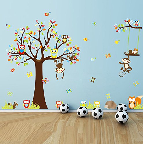 Wallpark XLarge Vistoso Grande Árbol Jugando Animales Desmontable Pegatinas de Pared Etiqueta de la Pared, Aves Mariposas con Lindo Ardillas Búhos Travieso Monos, Infantiles DIY Decorativas Murales