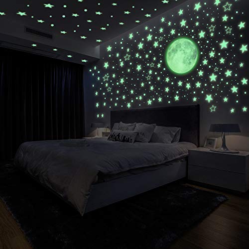 Yosemy Luminoso Pegatinas de Pared Luna Estrellas Puntos Pegatinas de Pared para Niños Infantil Fluorescente Adhesivos Decoración para Dormitorio, 4 Piezas 563pcs