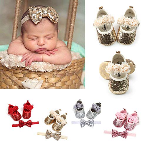 Zapatos de Niña con Diadema Regalo Set Bautizo Primeros Pasos para Bebé Suave Suela de Algodón con Bowknot y Lentejuelas Zapatillas Antideslizantes para Princesa